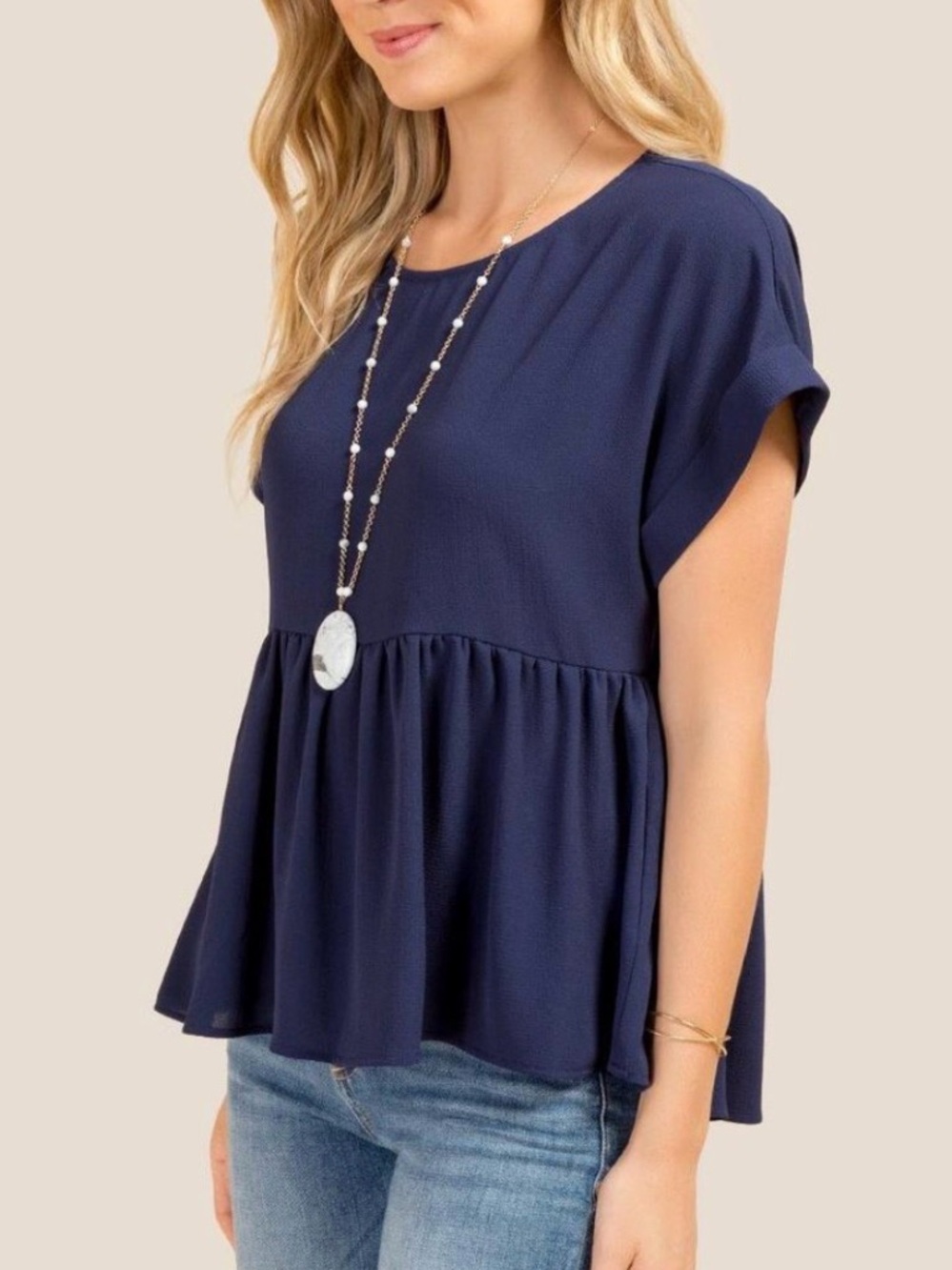Francesca's Collections Navy Peplum Short Sleeve Blouse